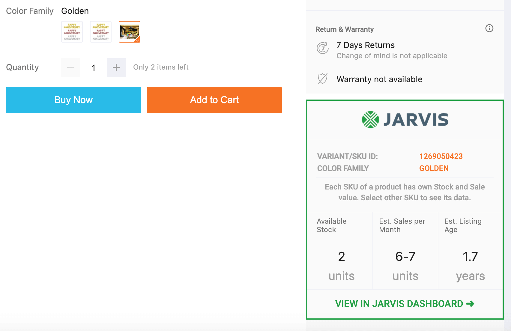 Jarvis Chrome Extension Shows single product stats including stock, age and sales